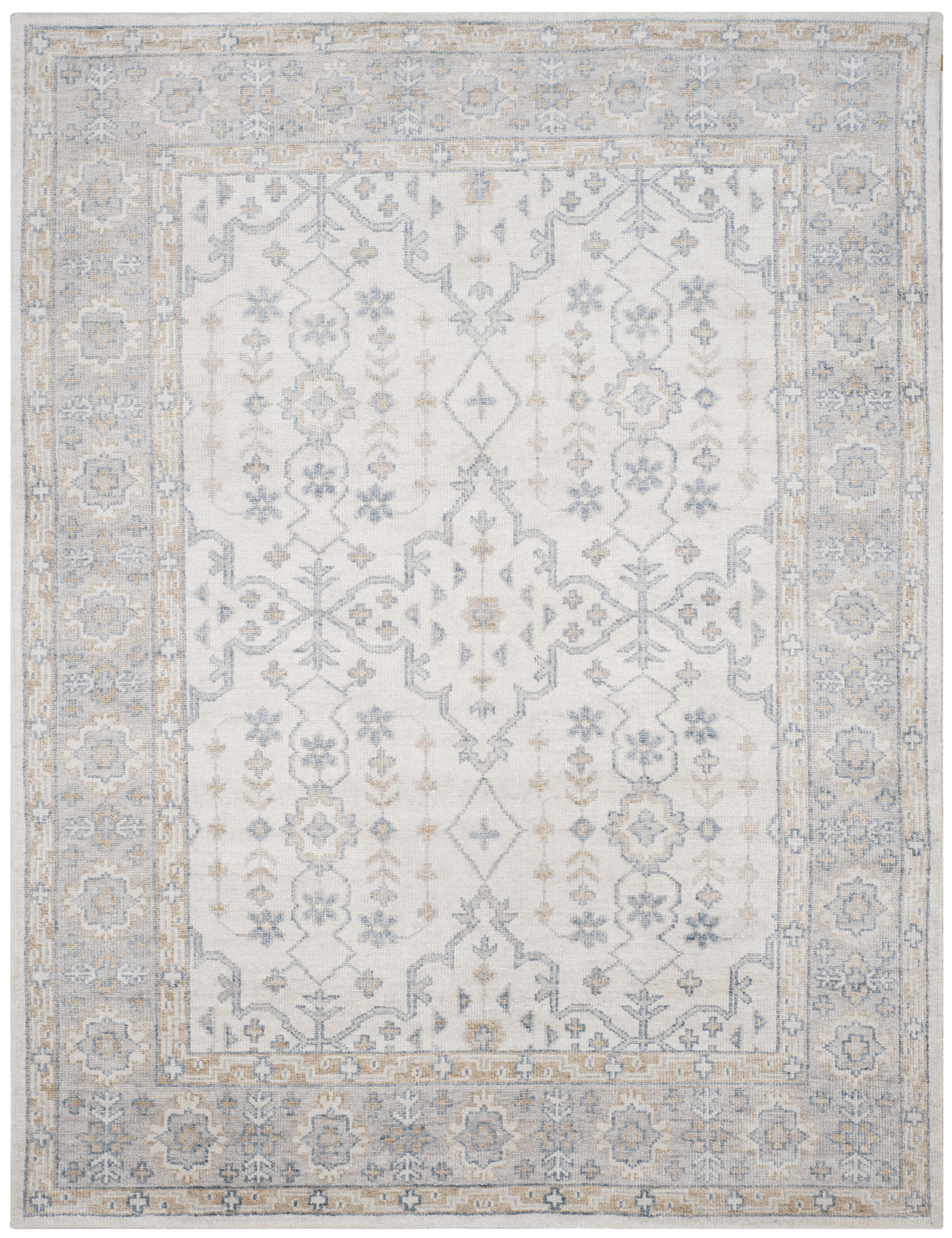 Ivory and Blue Hand-Knotted Wool and Viscose 9' x 12' Area Rug