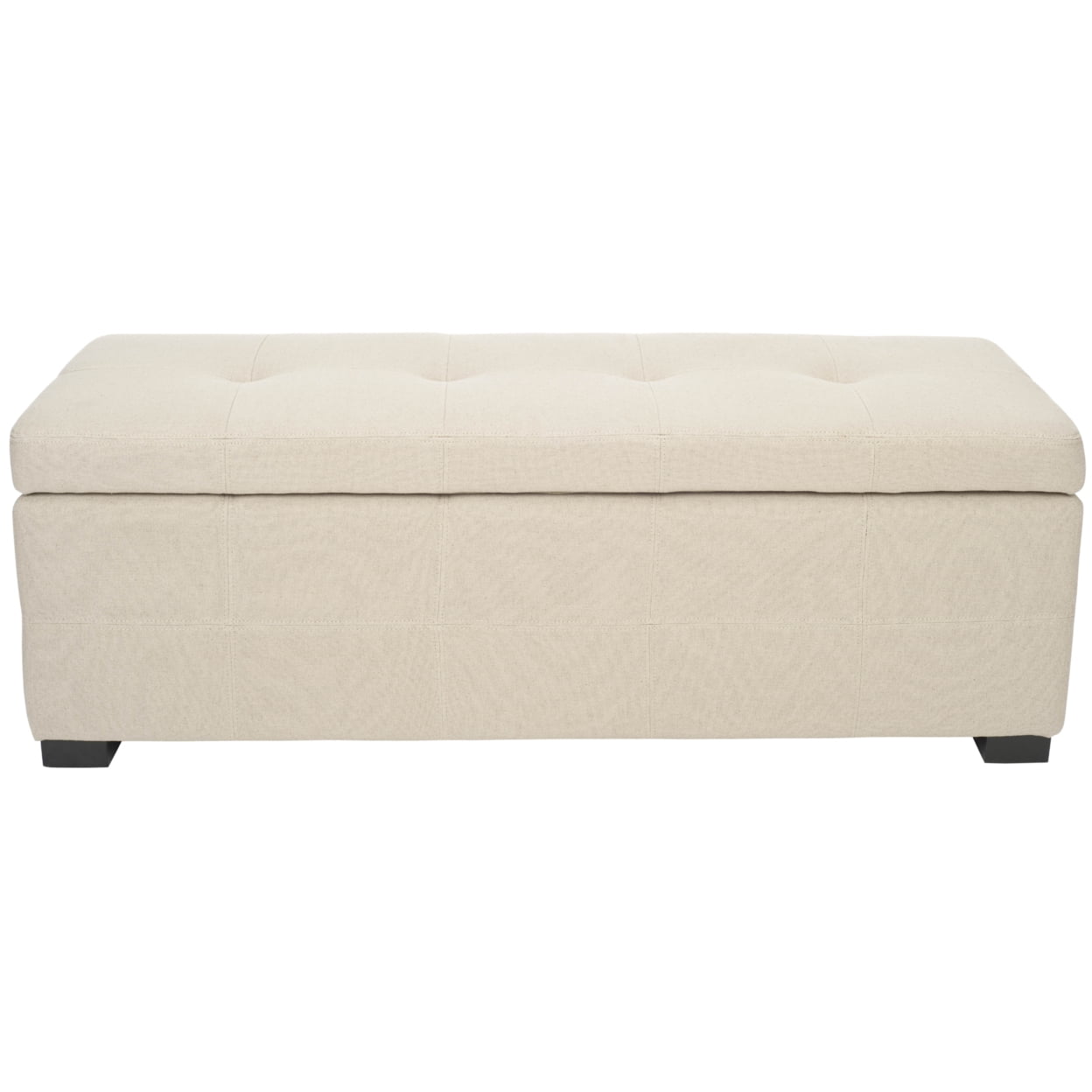 Large Beige Linen Tufted Storage Bench with Black Birch Wood