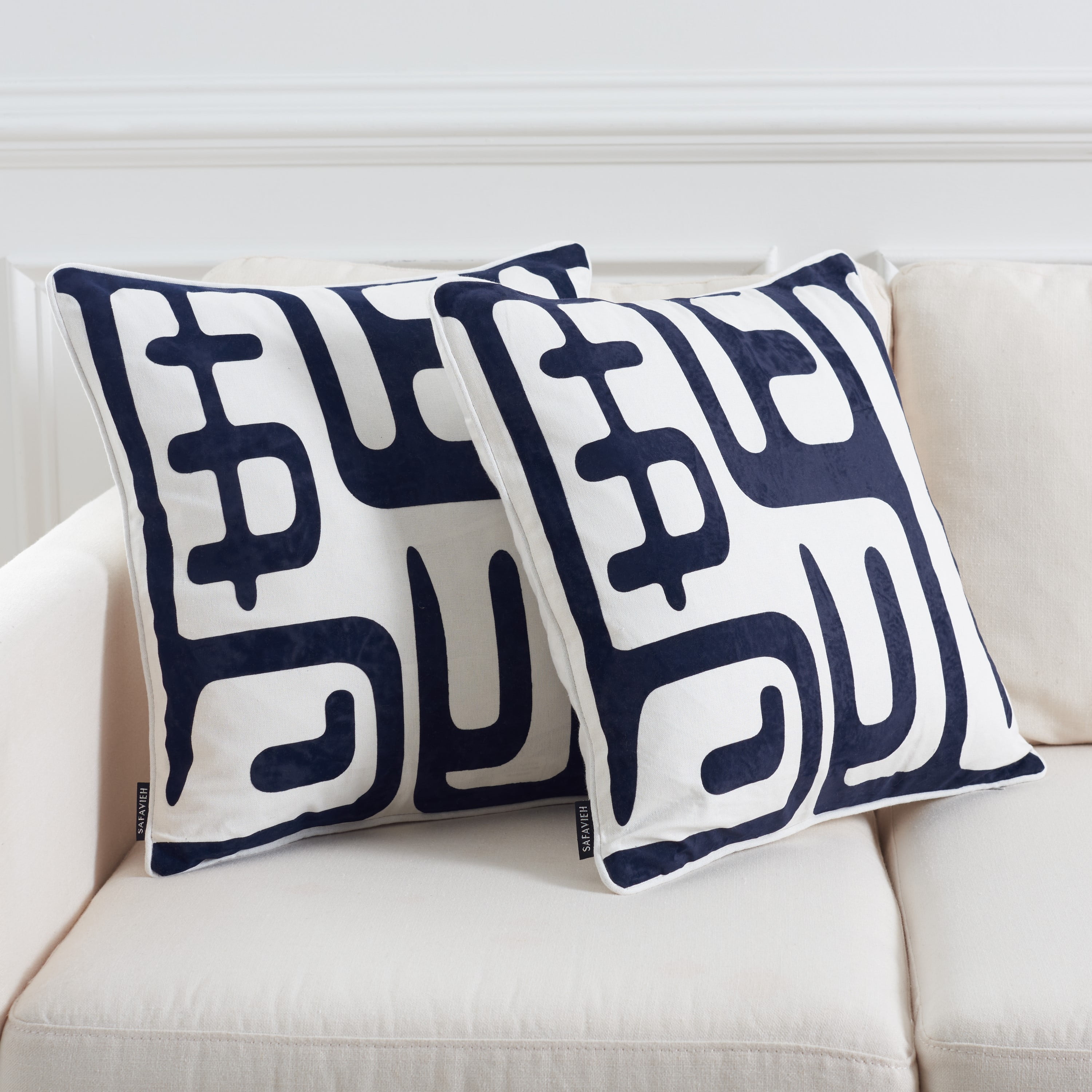 Set of 2 Navy and Beige Abstract Throw Pillows