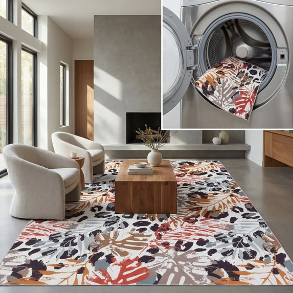 SAFAVIEH Malibu Aletha Leaves Polyester Machine Washable Area Rug, Ivory/Rust, 6' x 6' Square