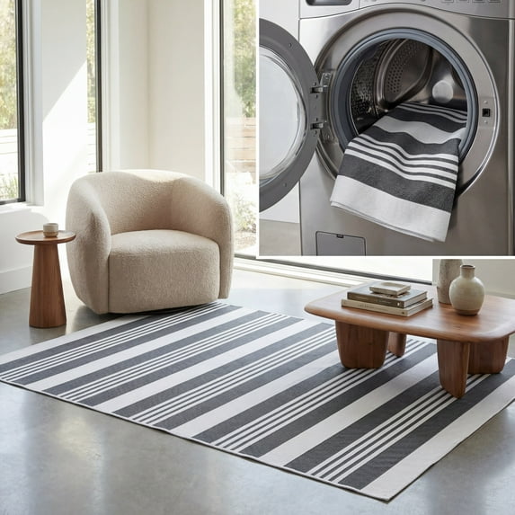 SAFAVIEH Malibu Barry Striped Polyester Machine Washable Area Rug, Dark Green/Gray, 4' x 6'