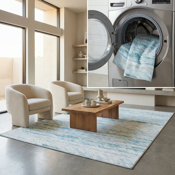 SAFAVIEH Malibu Benedict Distressed Polyester Machine Washable Area Rug, Grey/Aqua, 4' x 6'