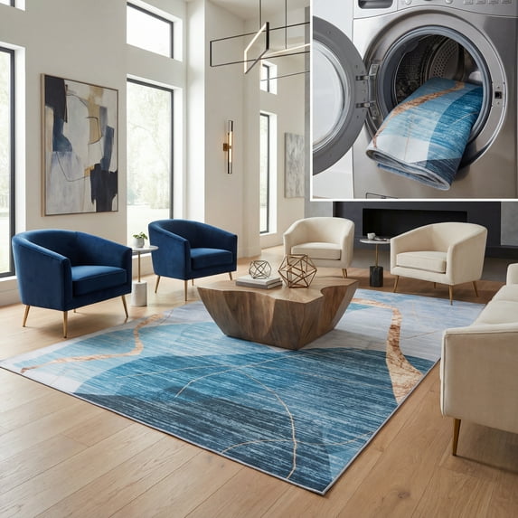 SAFAVIEH Malibu Cadence Geometric Polyester Machine Washable Area Rug, Blue/Gold, 3' x 5'
