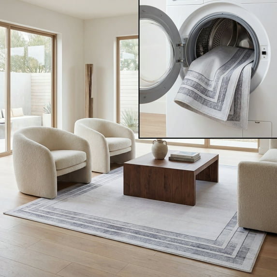 SAFAVIEH Malibu Chauncey Bordered Polyester Area Rug, Light Gray/Gray, 5' x 8'