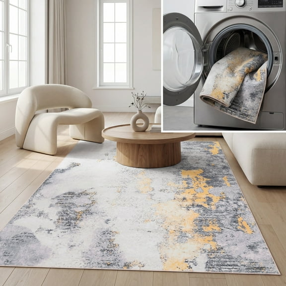 SAFAVIEH Malibu Coilean Abstract Polyester Machine Washable Area Rug, Gray/Gold, 8' x 10'