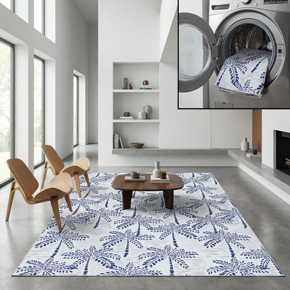 SAFAVIEH Malibu Crispin Leaves Polyester Machine Washable Area Rug, Ivory/Navy, 6' x 6' Square