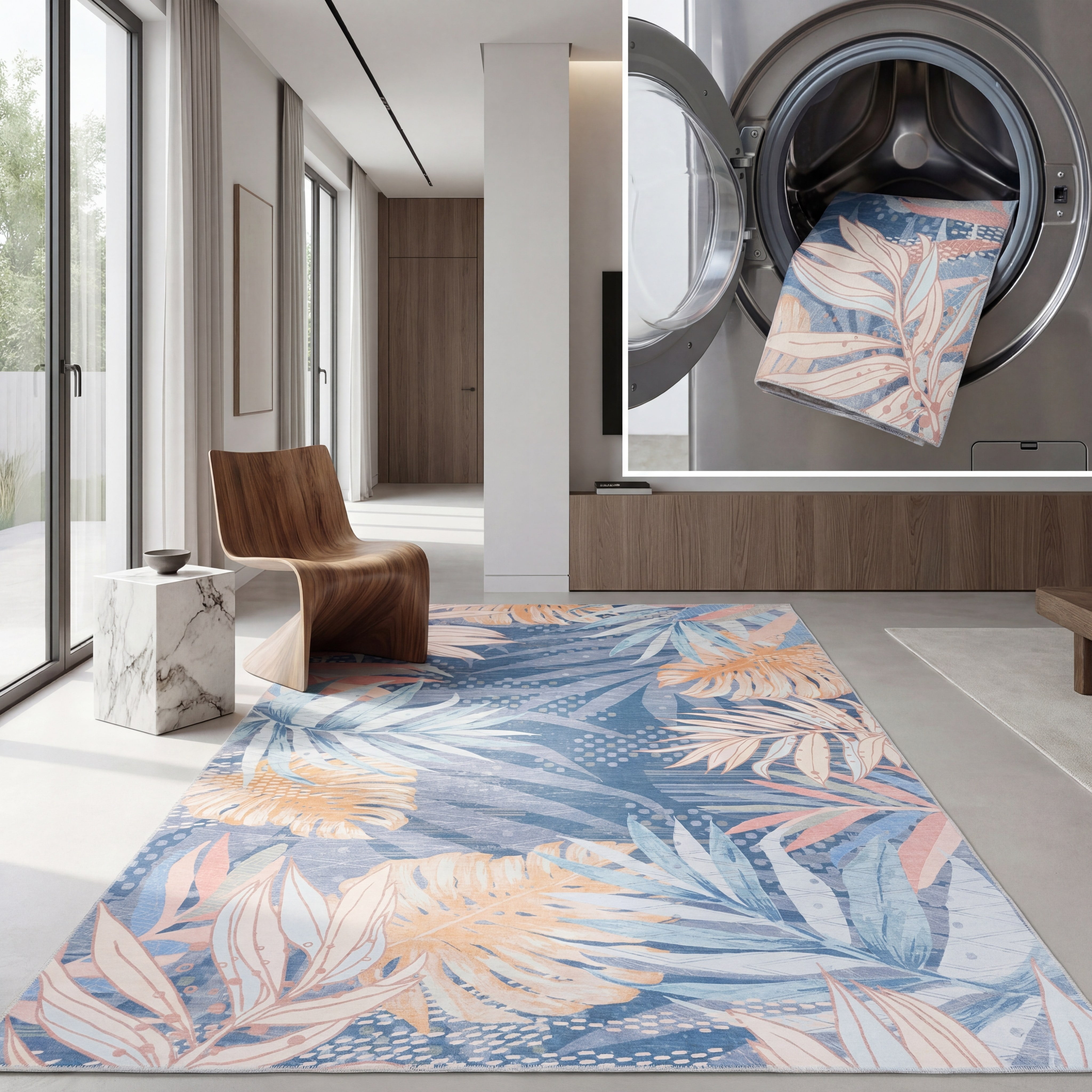 SAFAVIEH Malibu Daffodil Leaves Polyester Machine Washable Area Rug, Blue/Light Blue, 3' x 5'