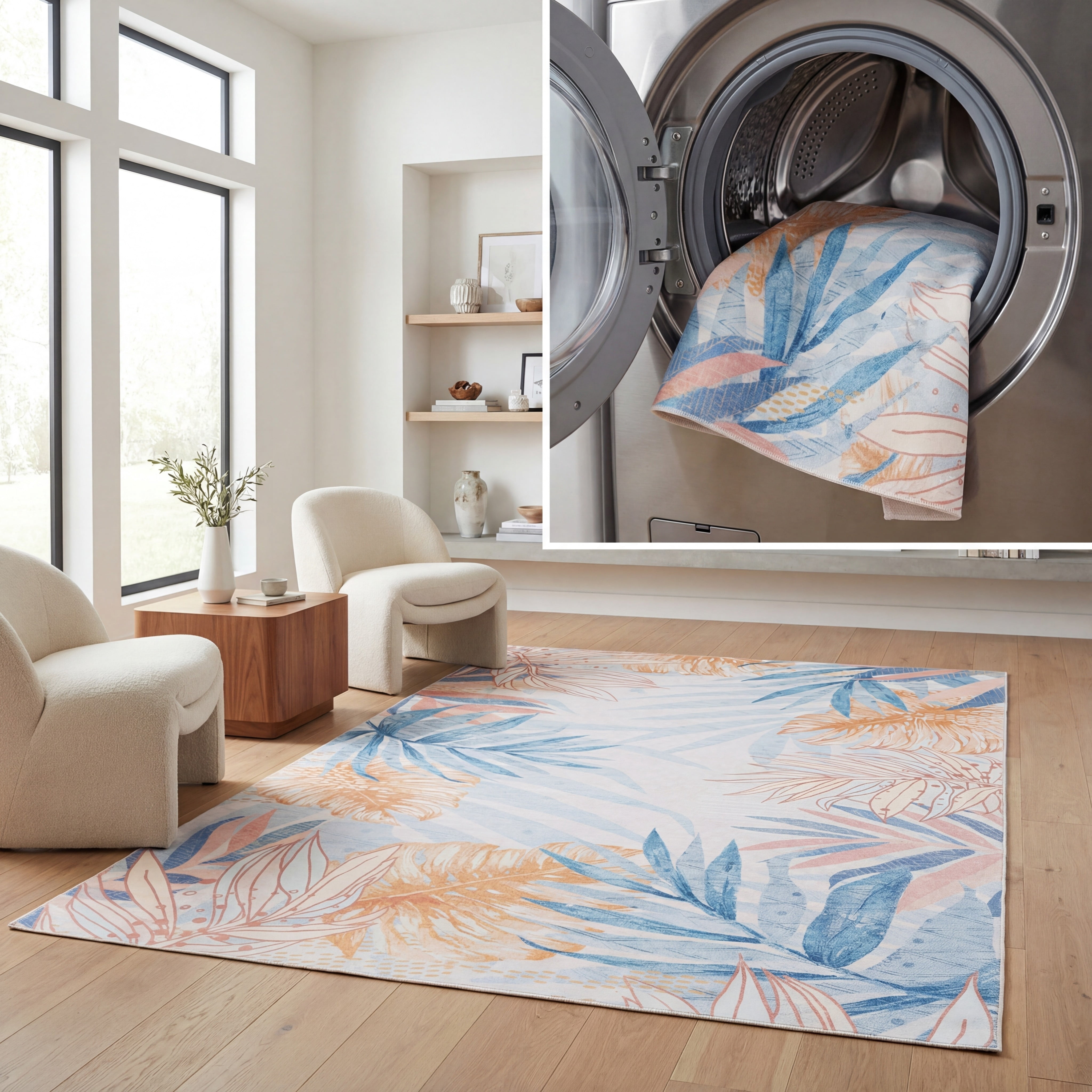 SAFAVIEH Malibu Daffodil Leaves Polyester Machine Washable Area Rug, Light Blue/Beige, 3' x 5'