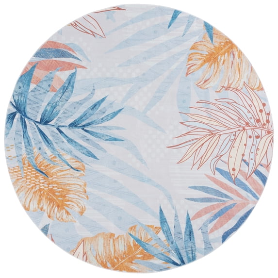 SAFAVIEH Malibu Daffodil Leaves Polyester Machine Washable Area Rug, Light Blue/Beige, 6' x 6' Round