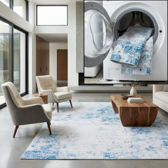 SAFAVIEH Malibu Dalia Distressed Polyester Machine Washable Area Rug, Beige/Turquoise, 8' x 10'