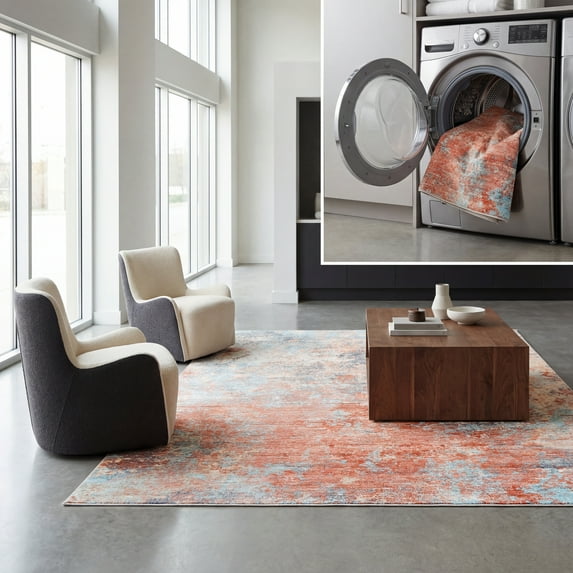 SAFAVIEH Malibu Dalia Distressed Polyester Area Rug, Rust/Aqua, 5' x 8'
