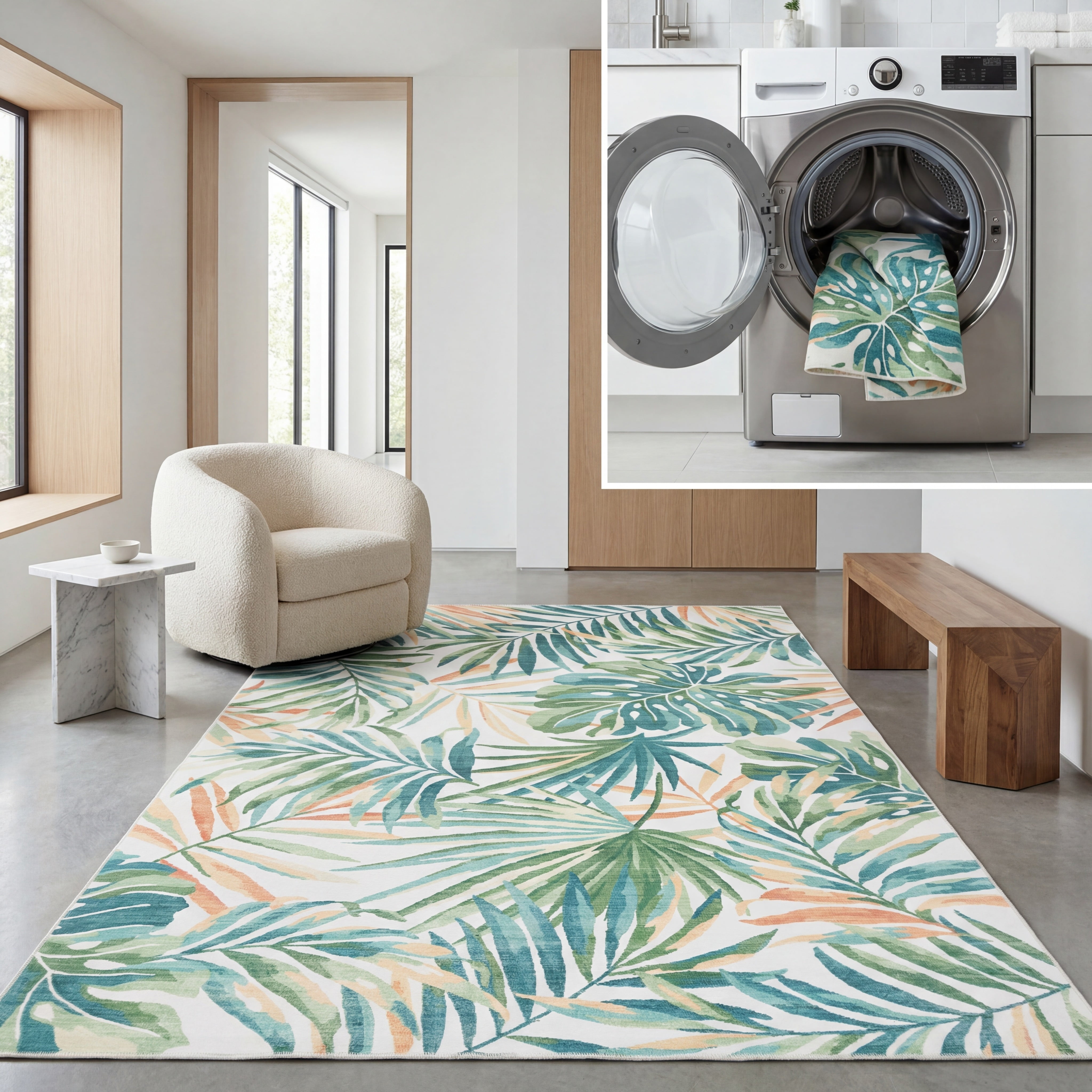 SAFAVIEH Malibu Faris Botanical Polyester Machine Washable Area Rug, Ivory/Green, 3' x 5'
