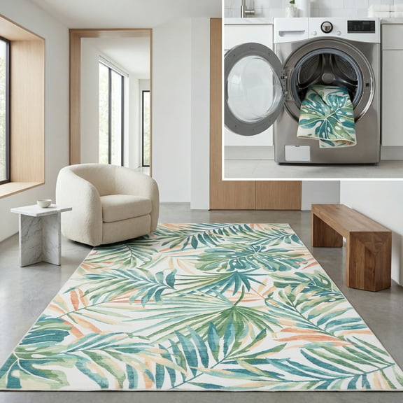 SAFAVIEH Malibu Faris Botanical Polyester Machine Washable Area Rug, Ivory/Green, 3' x 5'