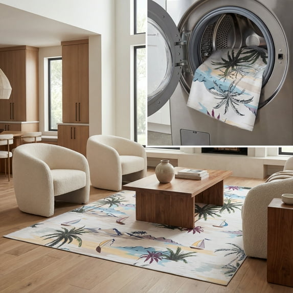SAFAVIEH Malibu Florence Leaves Polyester Machine Washable Area Rug, Ivory/Taupe, 3' x 5'