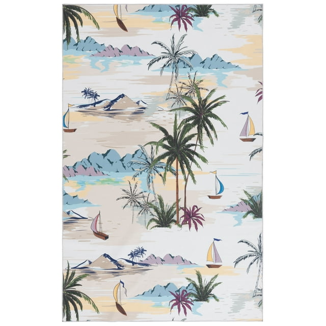 SAFAVIEH Malibu Florence Leaves Polyester Machine Washable Area Rug, Ivory/Taupe, 4' x 6'