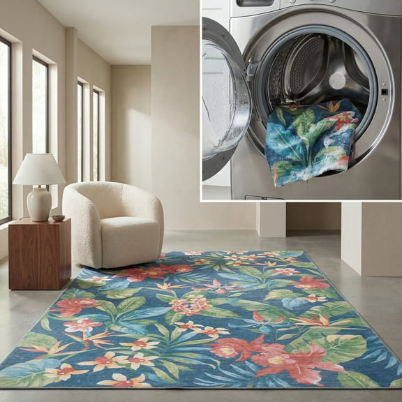 SAFAVIEH Malibu Frederick Floral Polyester Machine Washable Area Rug, Dark Blue/Green, 6' x 9'