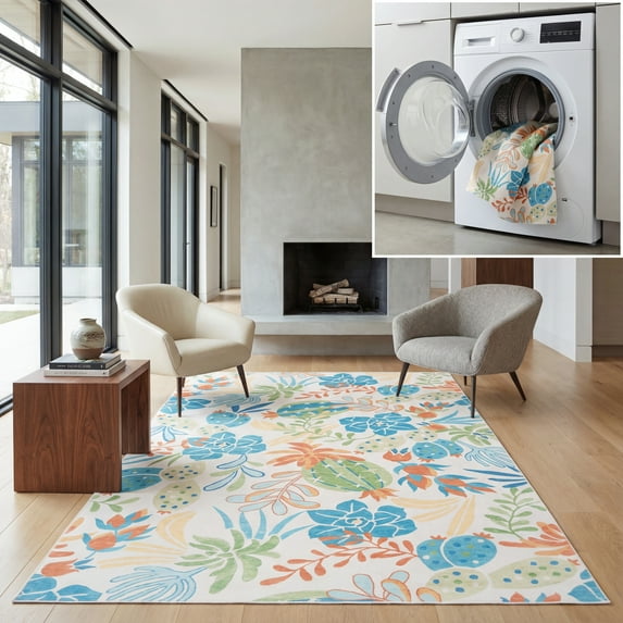 SAFAVIEH Malibu Jovana Floral Polyester Machine Washable Area Rug, Beige/Blue, 6' x 9'