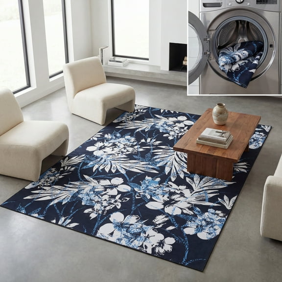 SAFAVIEH Malibu Keiran Leaves Polyester Area Rug, Black/Blue, 8' x 10'