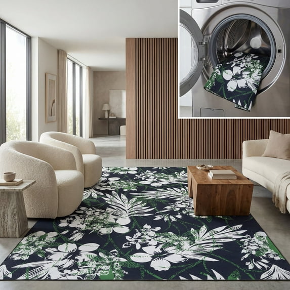 SAFAVIEH Malibu Keiran Leaves Polyester Area Rug, Black/Green, 6' x 9'