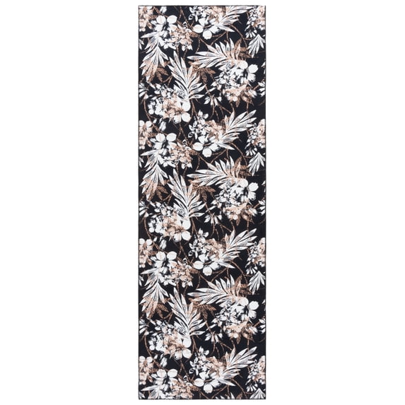 SAFAVIEH Malibu Keiran Leaves Polyester Machine Washable Runner Rug, Black/Brown, 2'6" x 8'