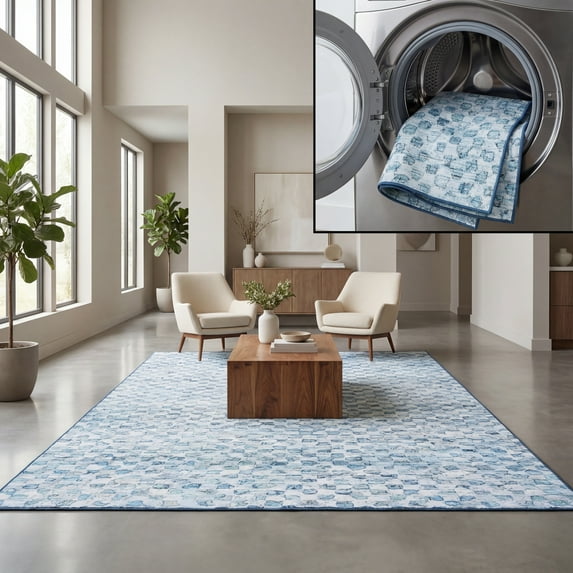 SAFAVIEH Malibu Lorenzo Geometric Polyester Machine Washable Area Rug, Grey/Aqua, 4' x 6'
