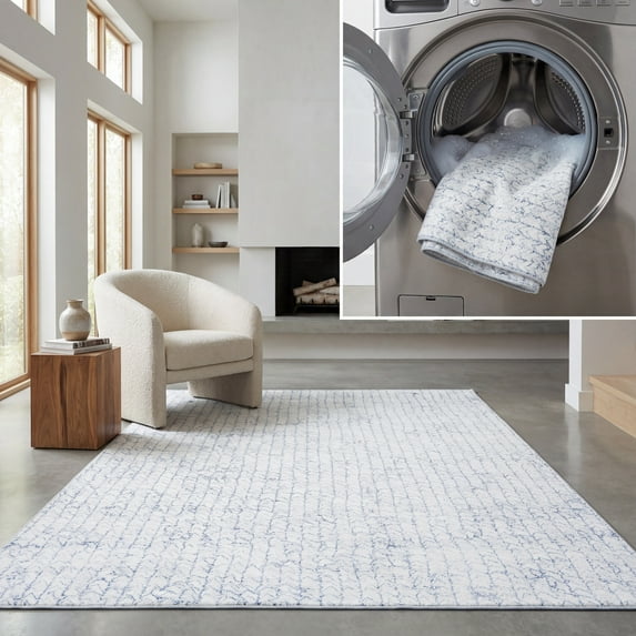 SAFAVIEH Malibu Lorraine Distressed Polyester Machine Washable Area Rug, Grey/Blue, 4' x 6'
