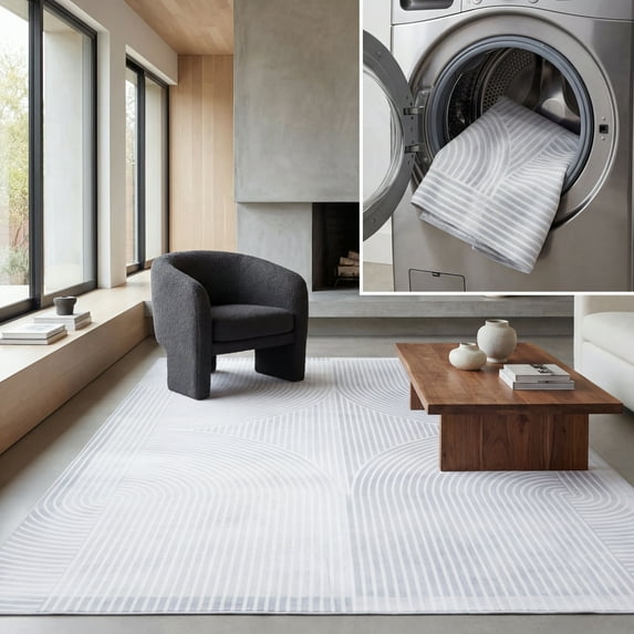 SAFAVIEH Malibu Oliver Striped Machine Washable Area Rug, Grey/Light Grey, 5' x 8'