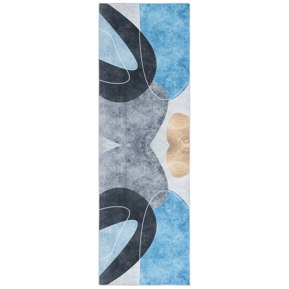 SAFAVIEH Malibu Rhoda Geometric Polyester Machine Washable Runner Rug, Dark Gray/Turquoise, 2'6" x 8'