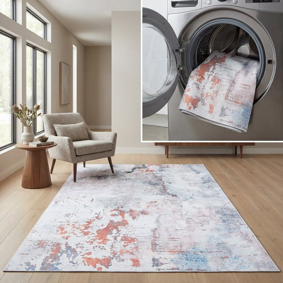 SAFAVIEH Malibu Solomon Abstract Machine Washable Area Rug, Ivory/Rust, 8' x 10'
