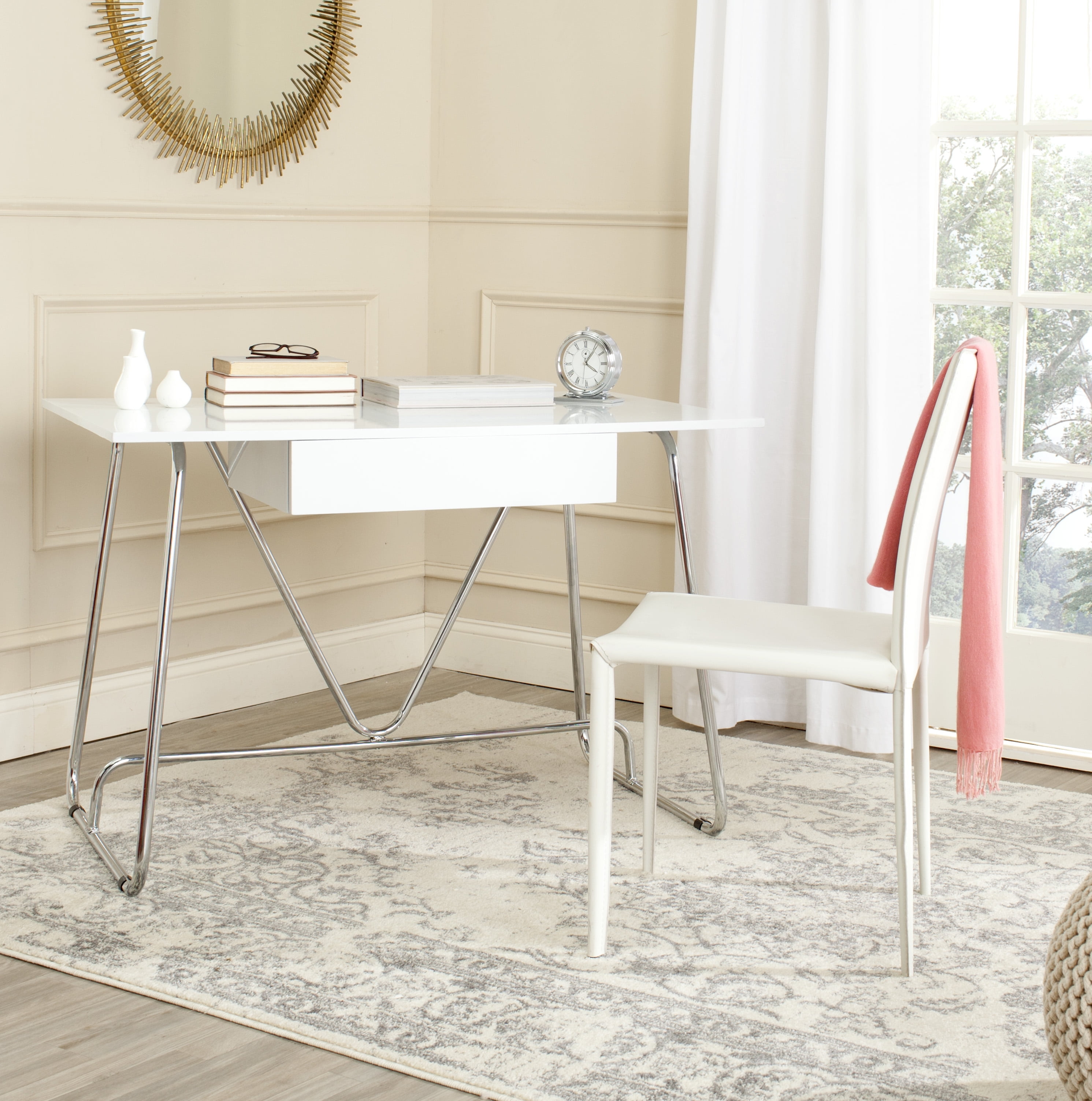 SAFAVIEH Malloy Modern Glam Lacquer Writing Desk, White/Chrome