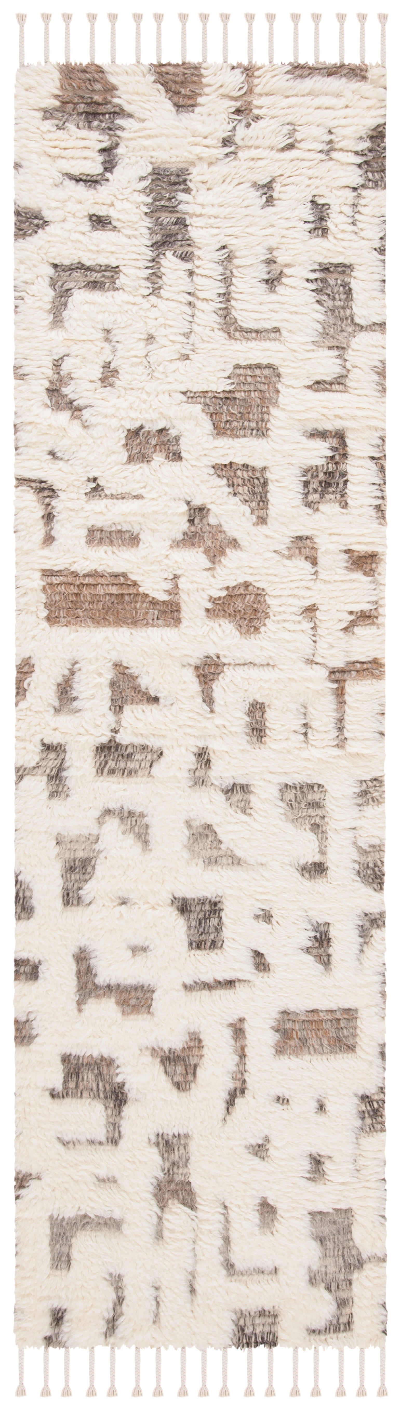 Ivory and Grey Hand-Knotted Wool Shag Runner Rug