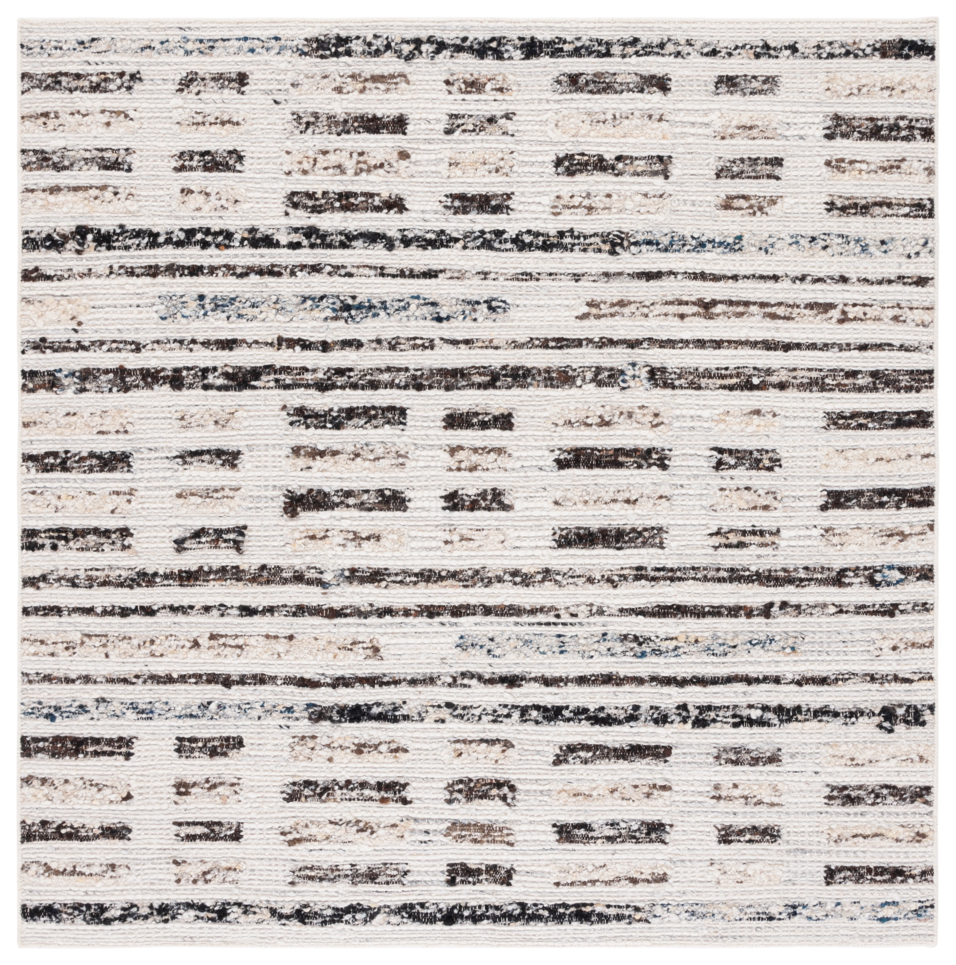 Ivory and Dark Brown Hand-Knotted Wool Shag Rug, 6' x 6'