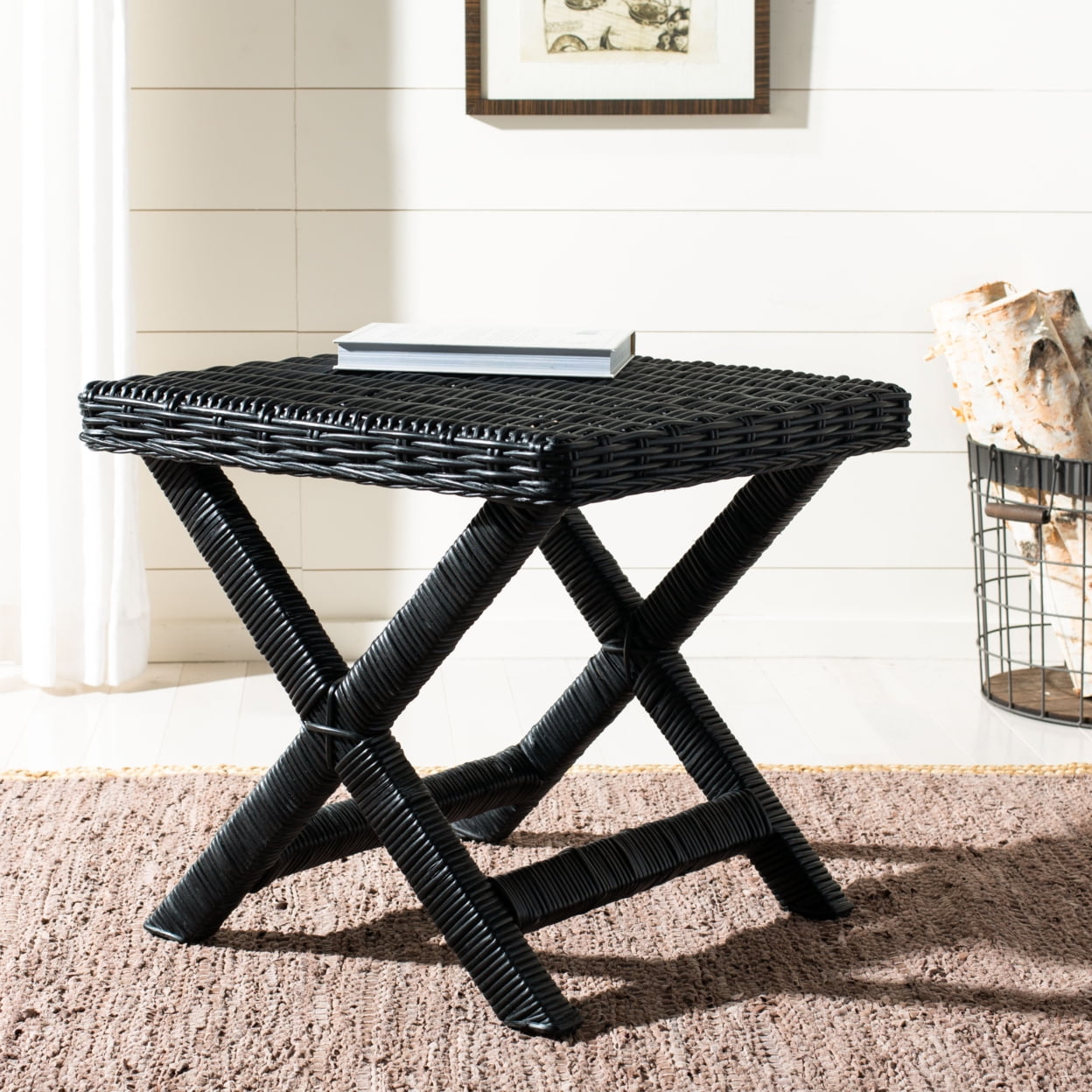 Transitional Manor Black Rattan Bench with Cross-Leg Design
