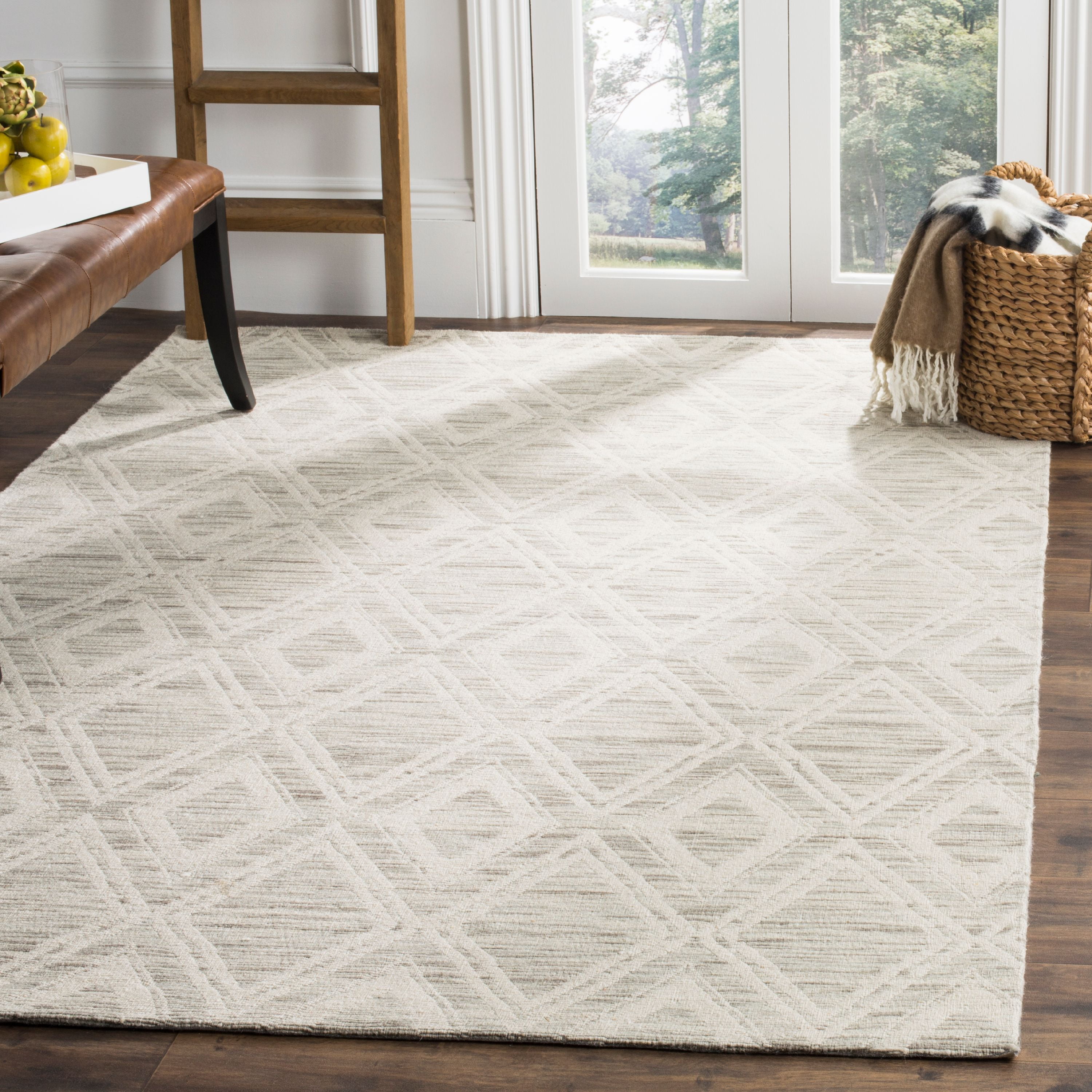 Ivory and Light Brown Geometric Wool Area Rug, 10' x 14'