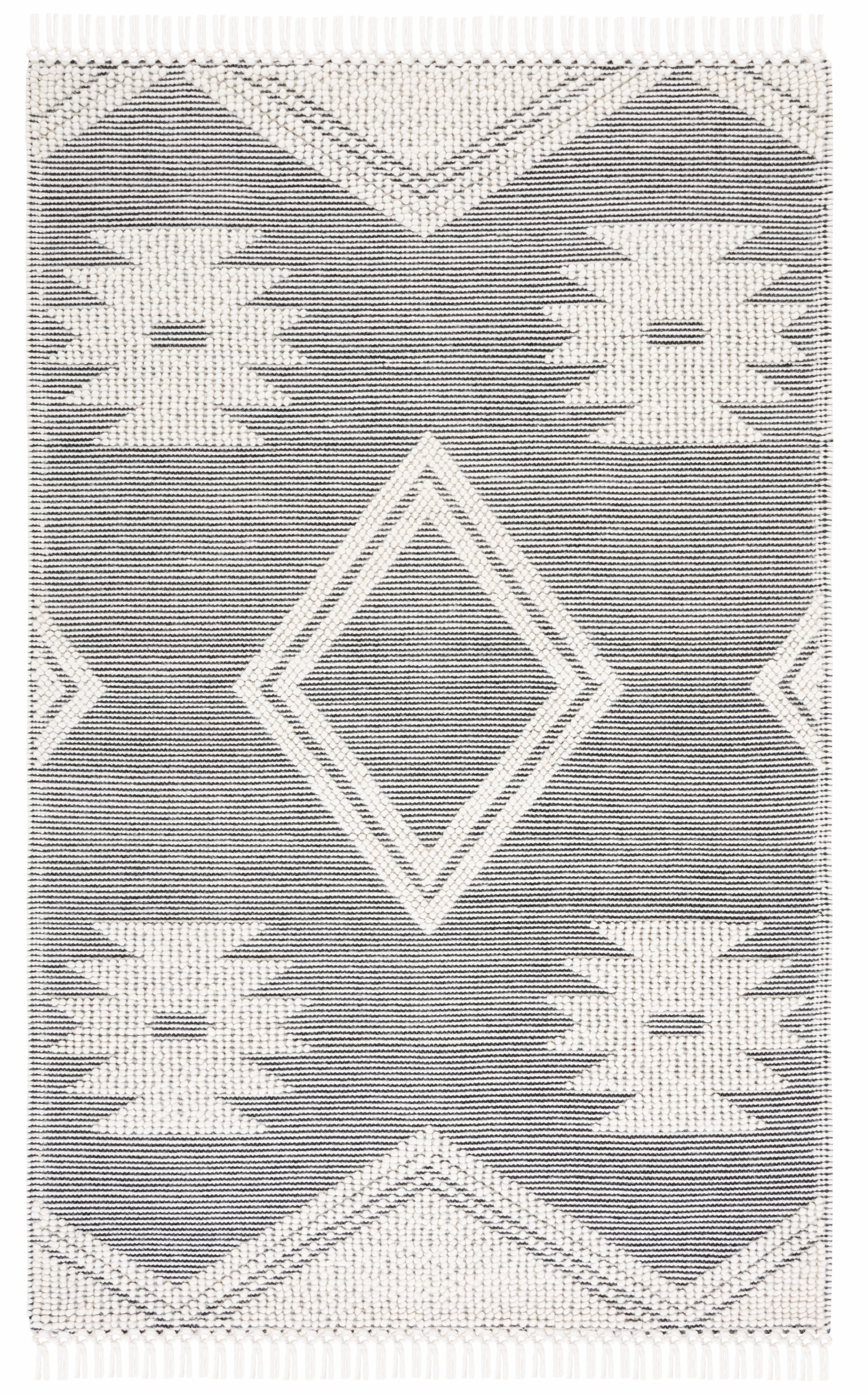 Handwoven Ivory and Black Wool Diamond Area Rug, 5' x 8'