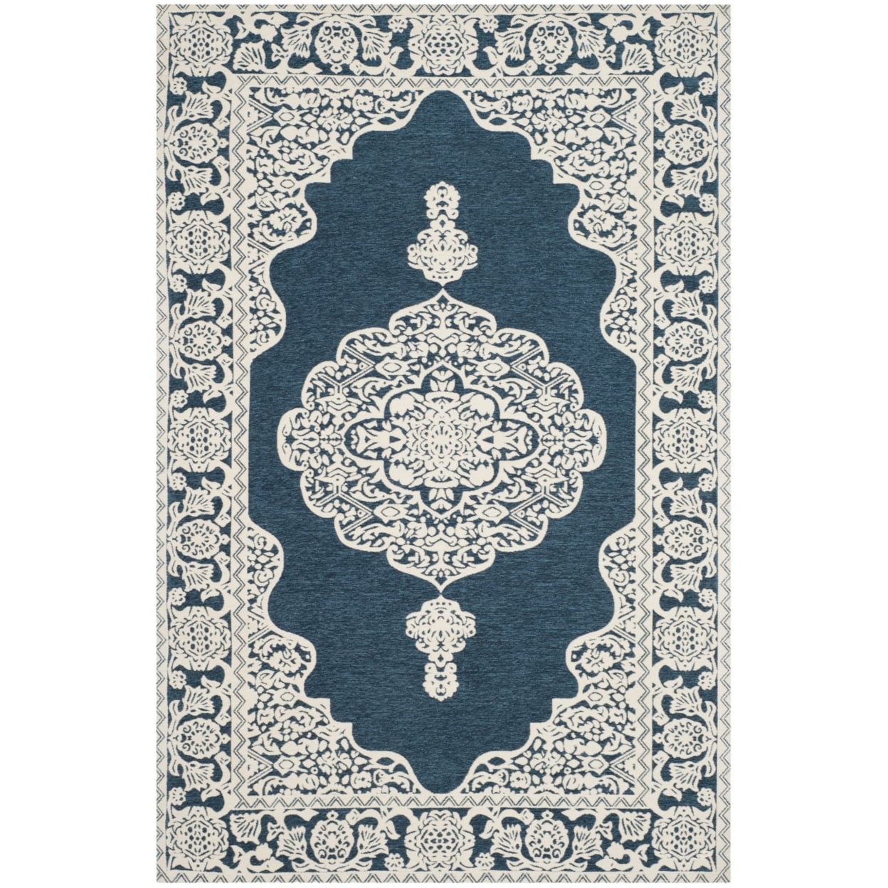 Handmade Dark Blue and Ivory Wool Area Rug, 4' x 6'