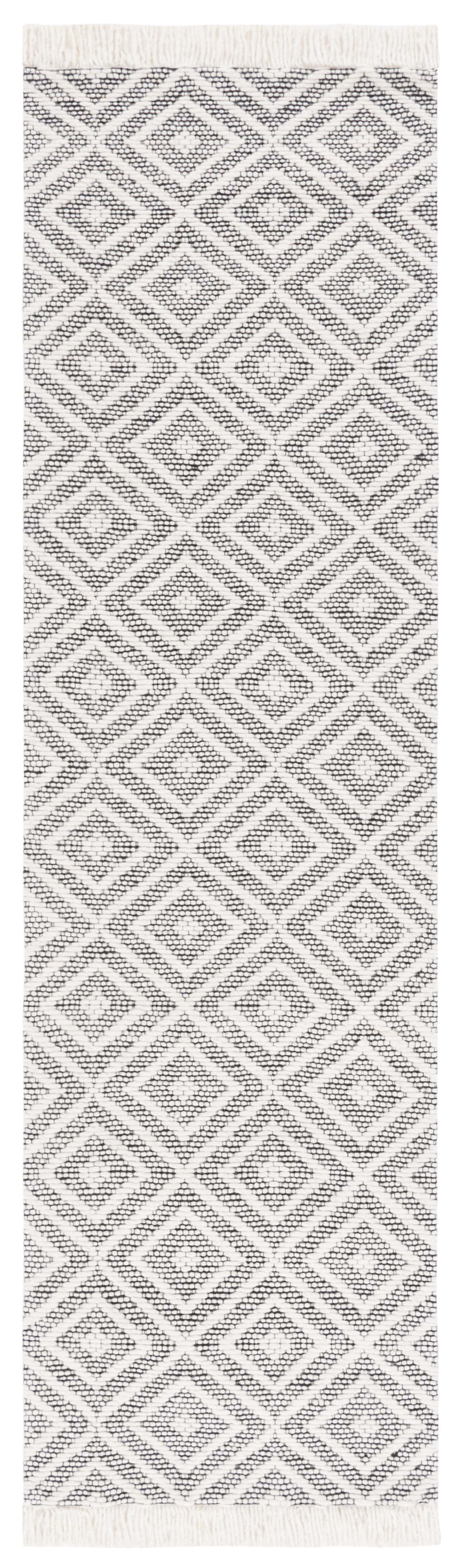 Ivory and Black Geometric Wool Runner Rug, 2'3" x 8'