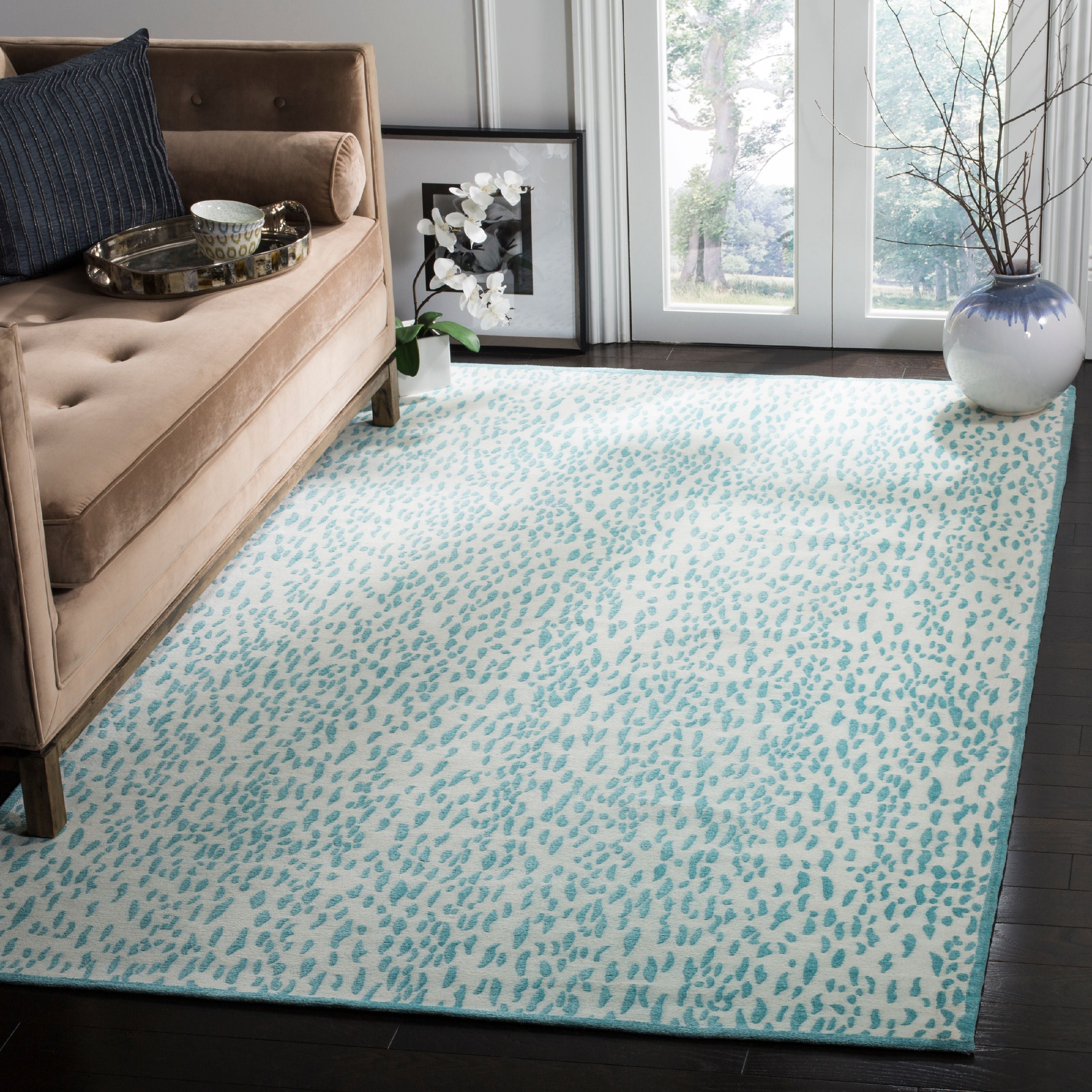 Ivory and Turquoise Flat Woven Rectangular Wool Area Rug