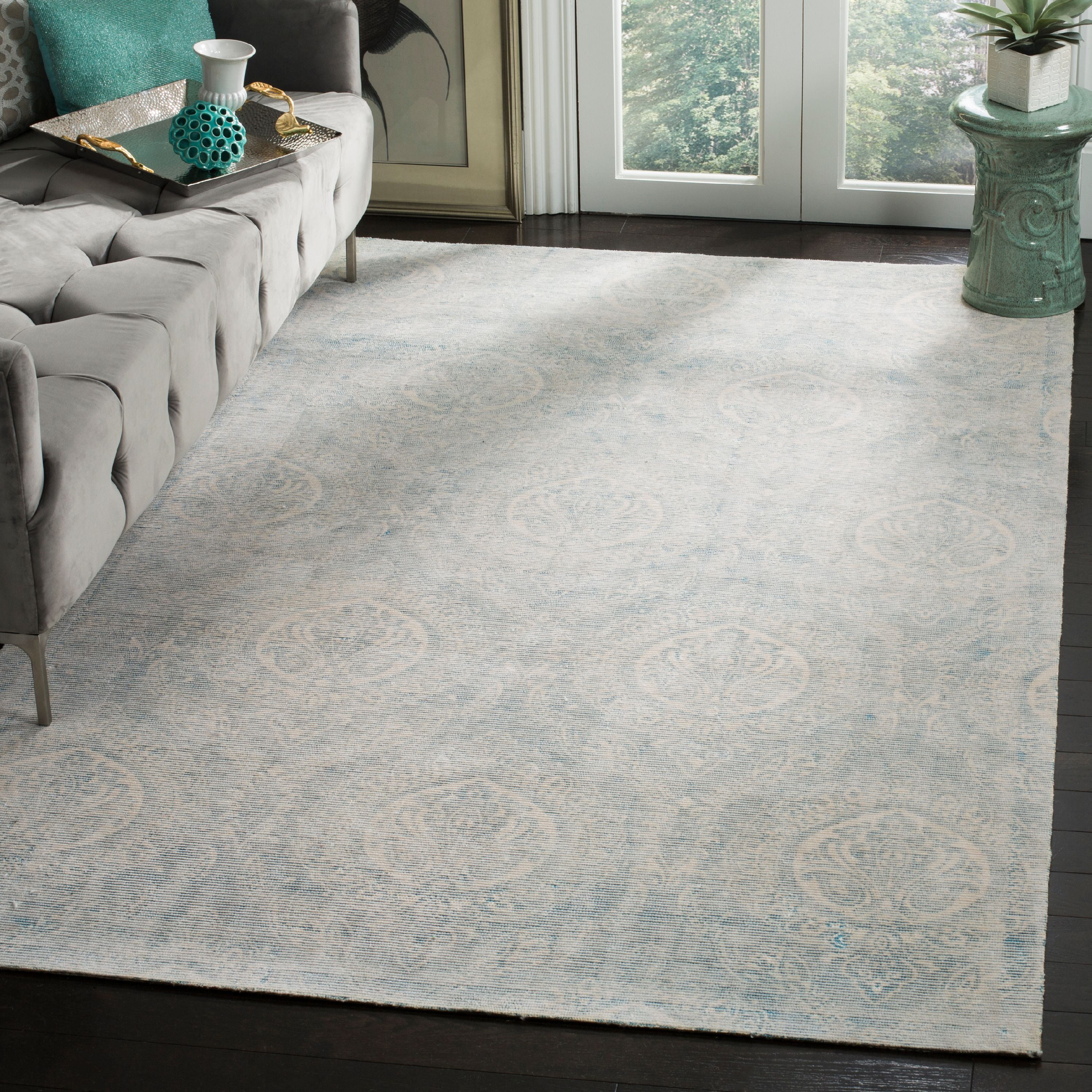Turquoise and Ivory Flat Woven Wool Area Rug, 5' x 8'