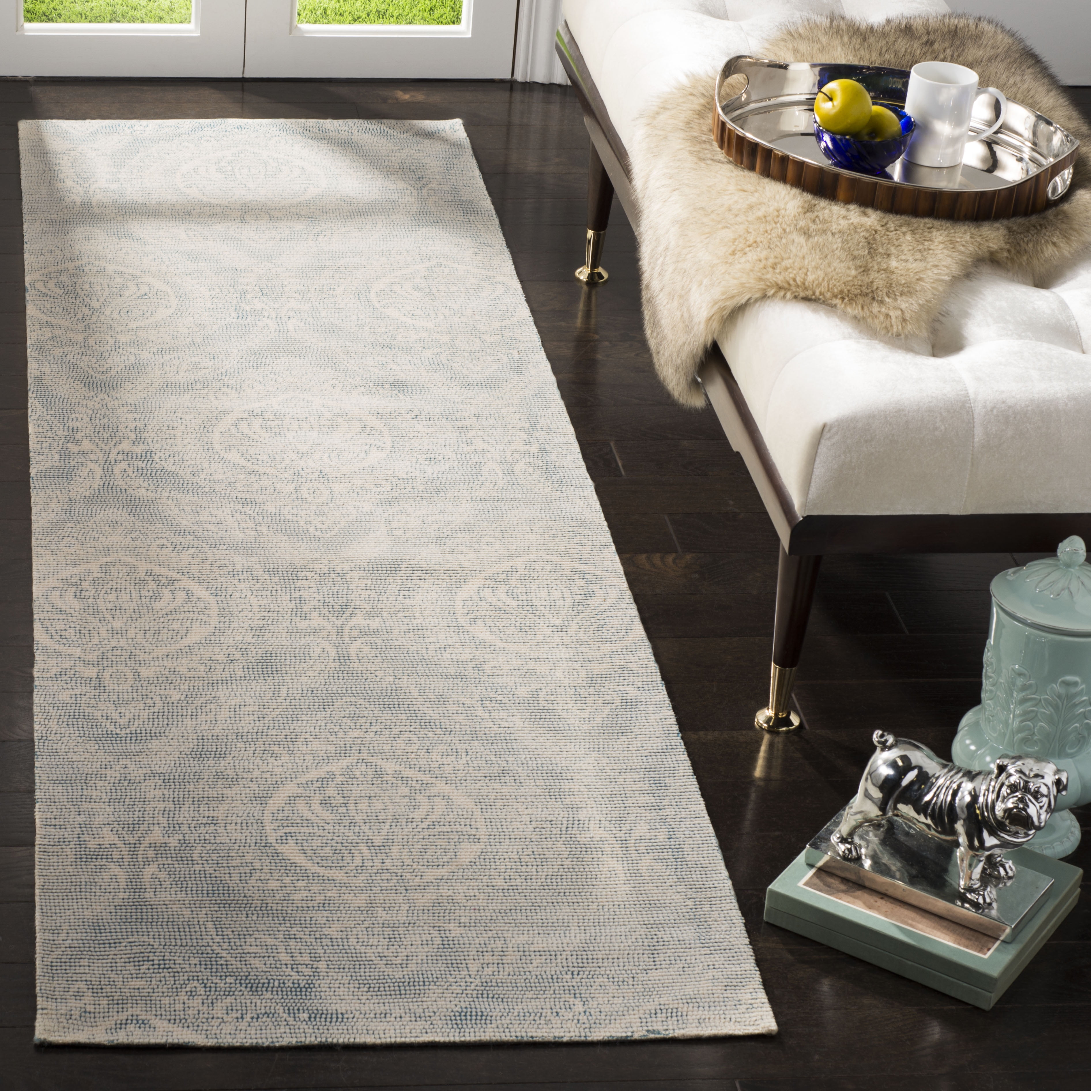 Turquoise and Ivory Hand Loomed Wool Runner Rug, 2'3" x 8'
