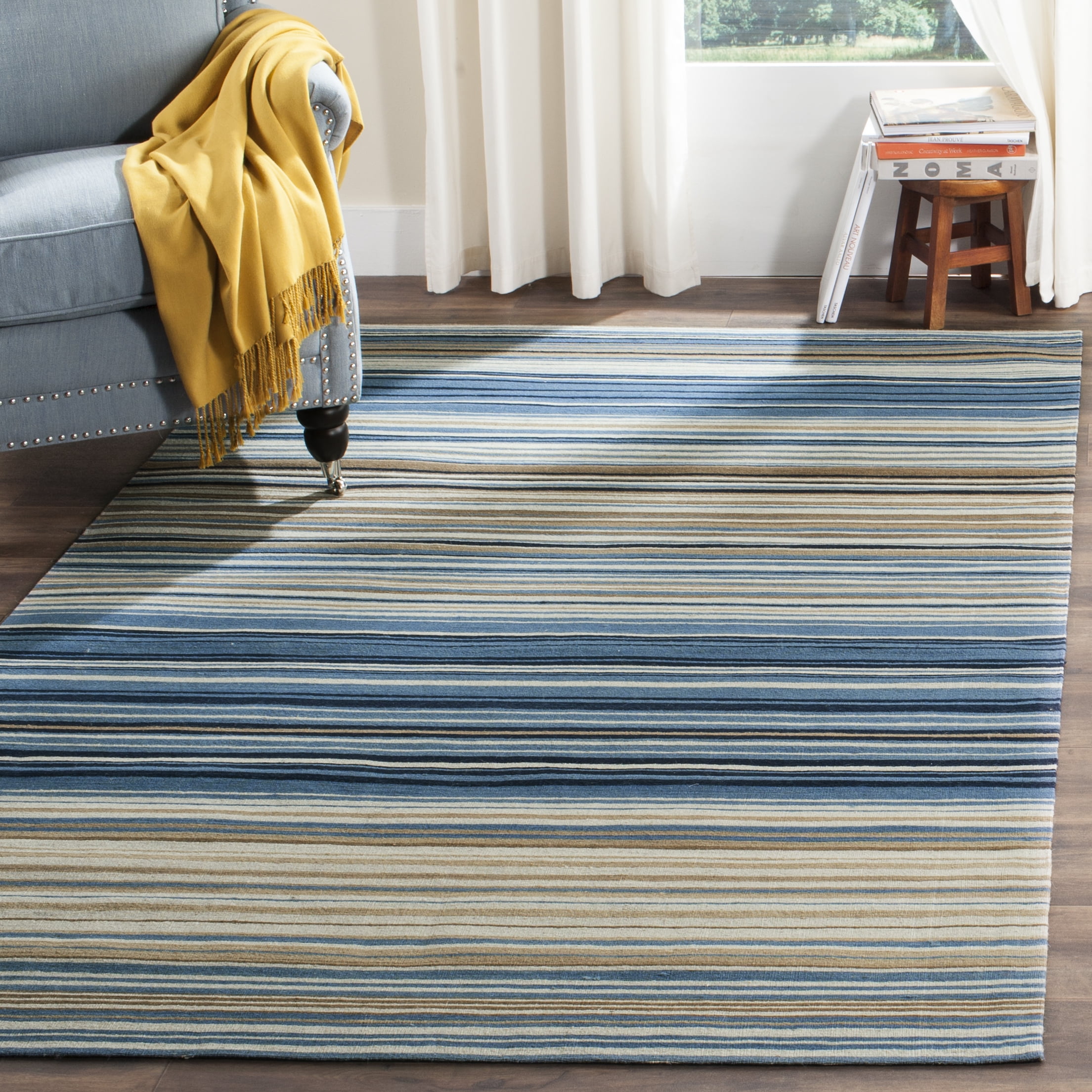 Blue Stripe Handmade Wool 9' x 12' Area Rug
