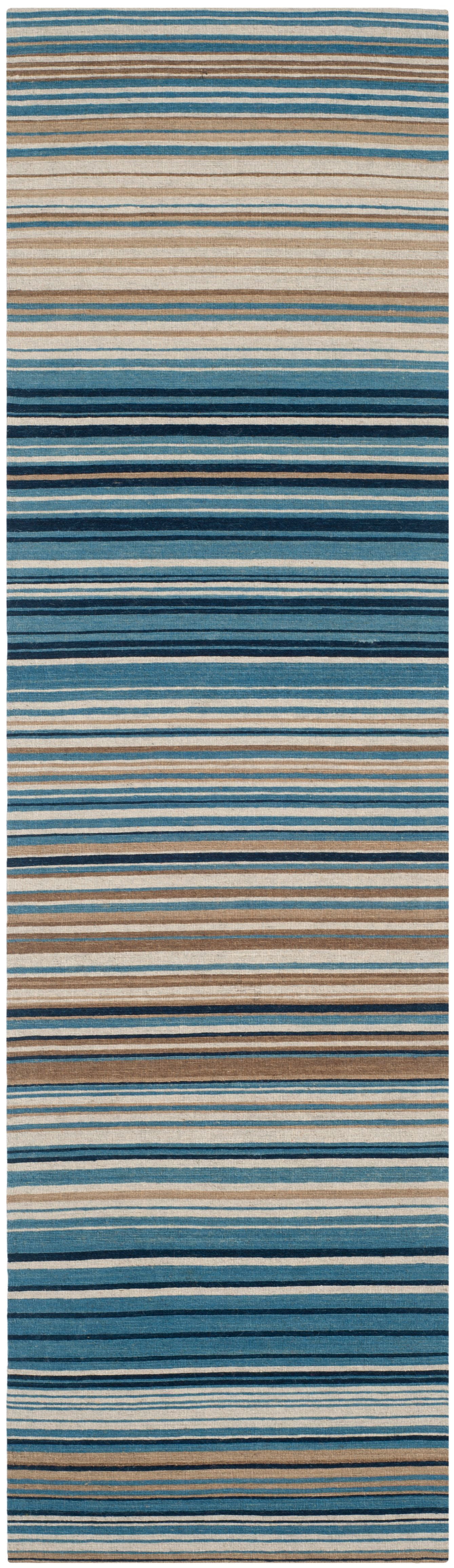 Handmade Blue and Beige Wool Flat Woven Stripe Runner Rug