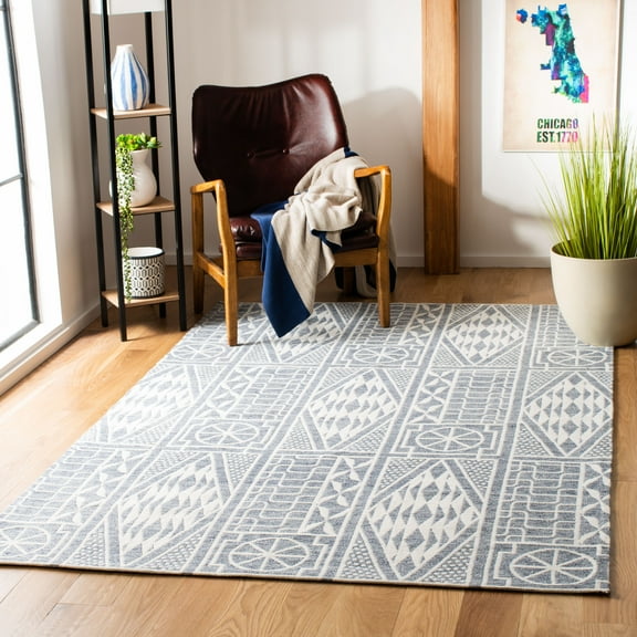 SAFAVIEH Marbella Jean Abstract Geometric Polyester Area Rug, Blue/Ivory, 8' x 10'