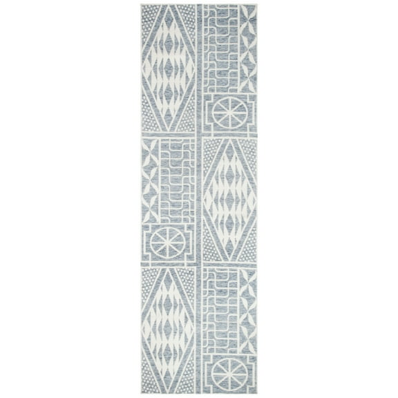 SAFAVIEH Marbella Jean Abstract Geometric Polyester Runner Rug, Blue/Ivory, 2'3" x 8'