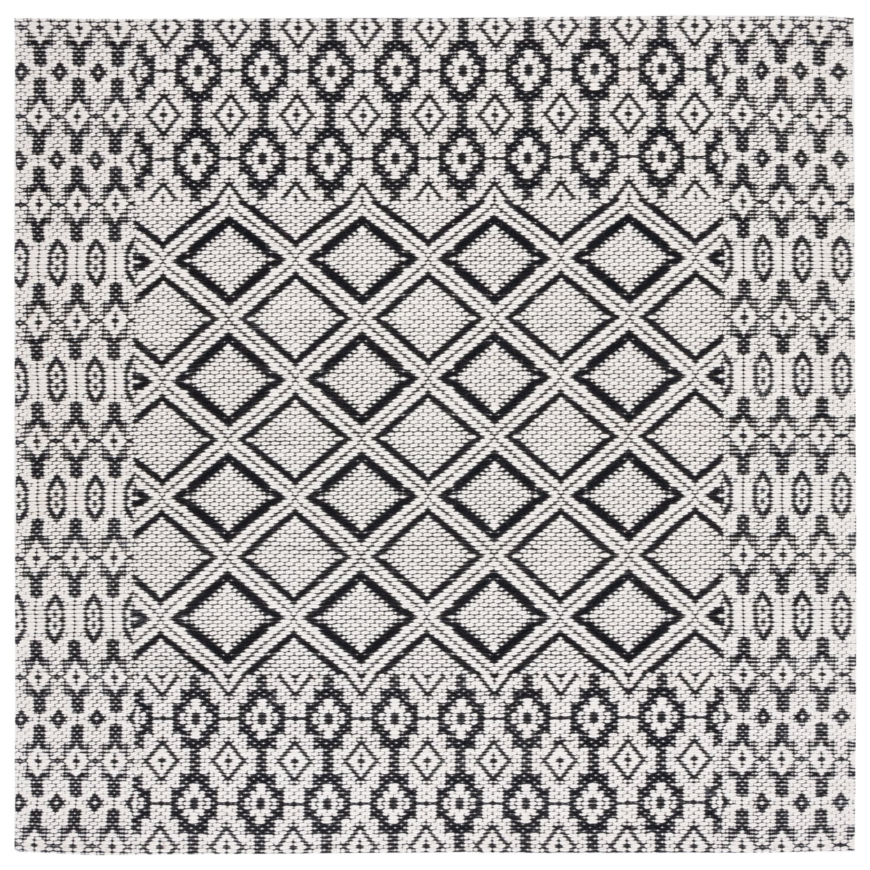 Handwoven Black and Ivory Wool Cotton Square Rug