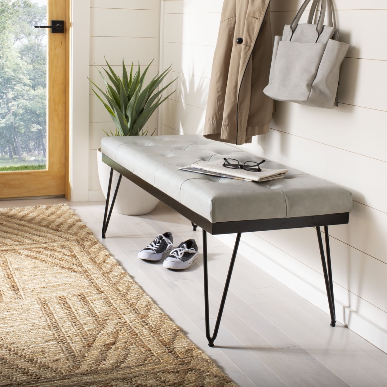 Marcella Gray and Black Tufted Bench with Hairpin Legs
