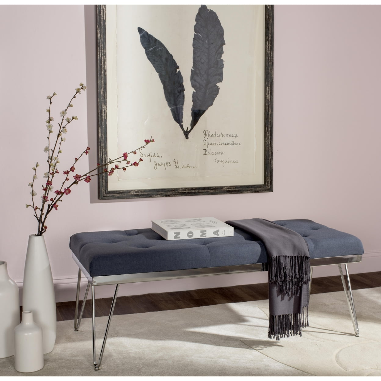 Navy Linen Upholstered Bench with Chrome Hairpin Legs