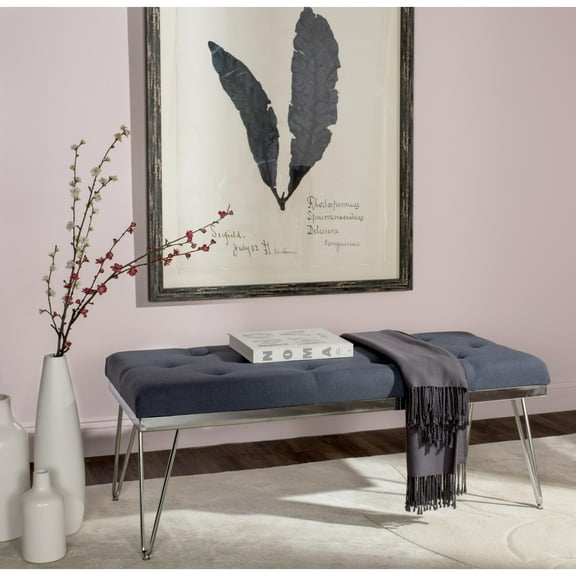 SAFAVIEH Marcella Contemporary Mid-Century Tufted Bench, Navy/Chrome