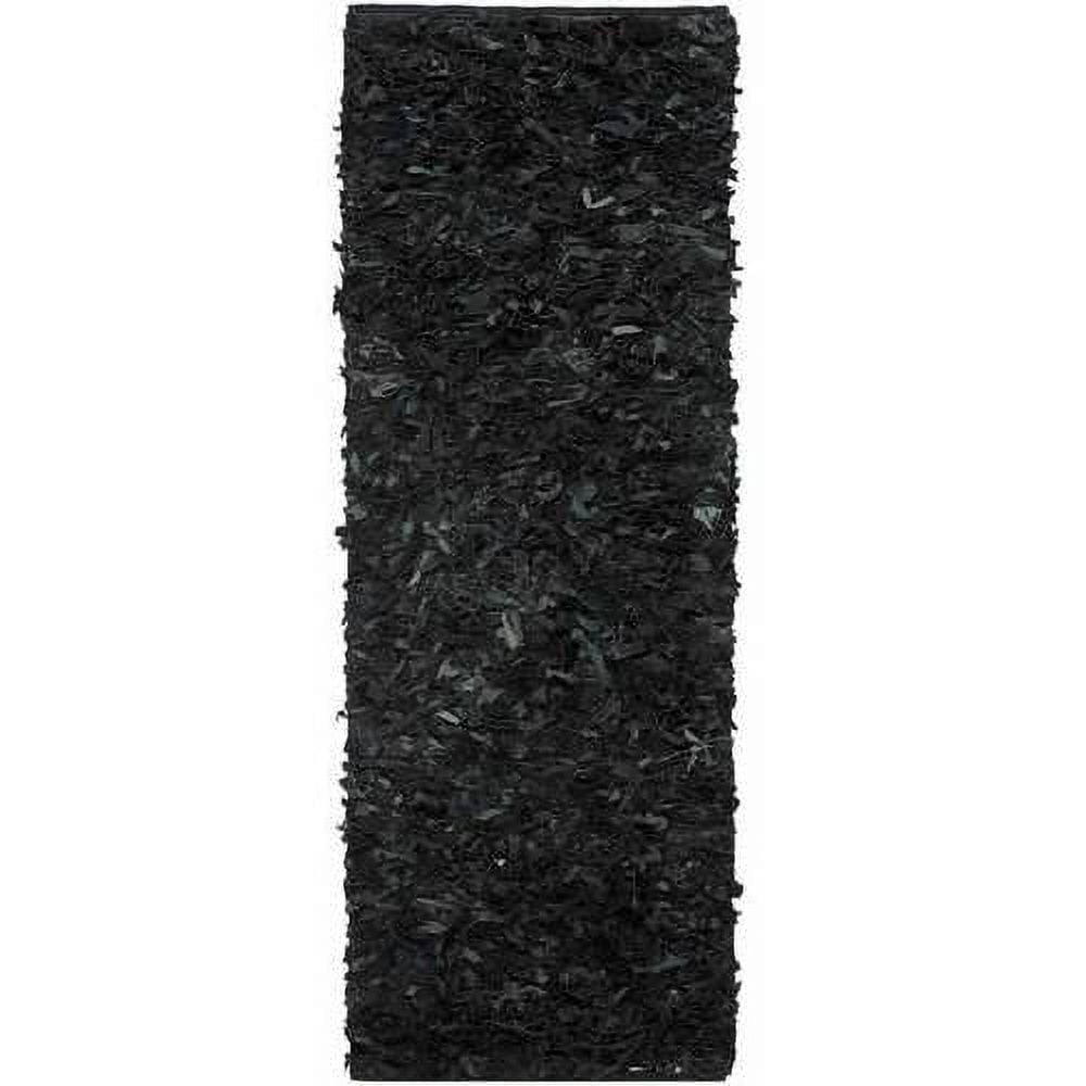 Black 8' Square Hand-Knotted Leather Shag Rug