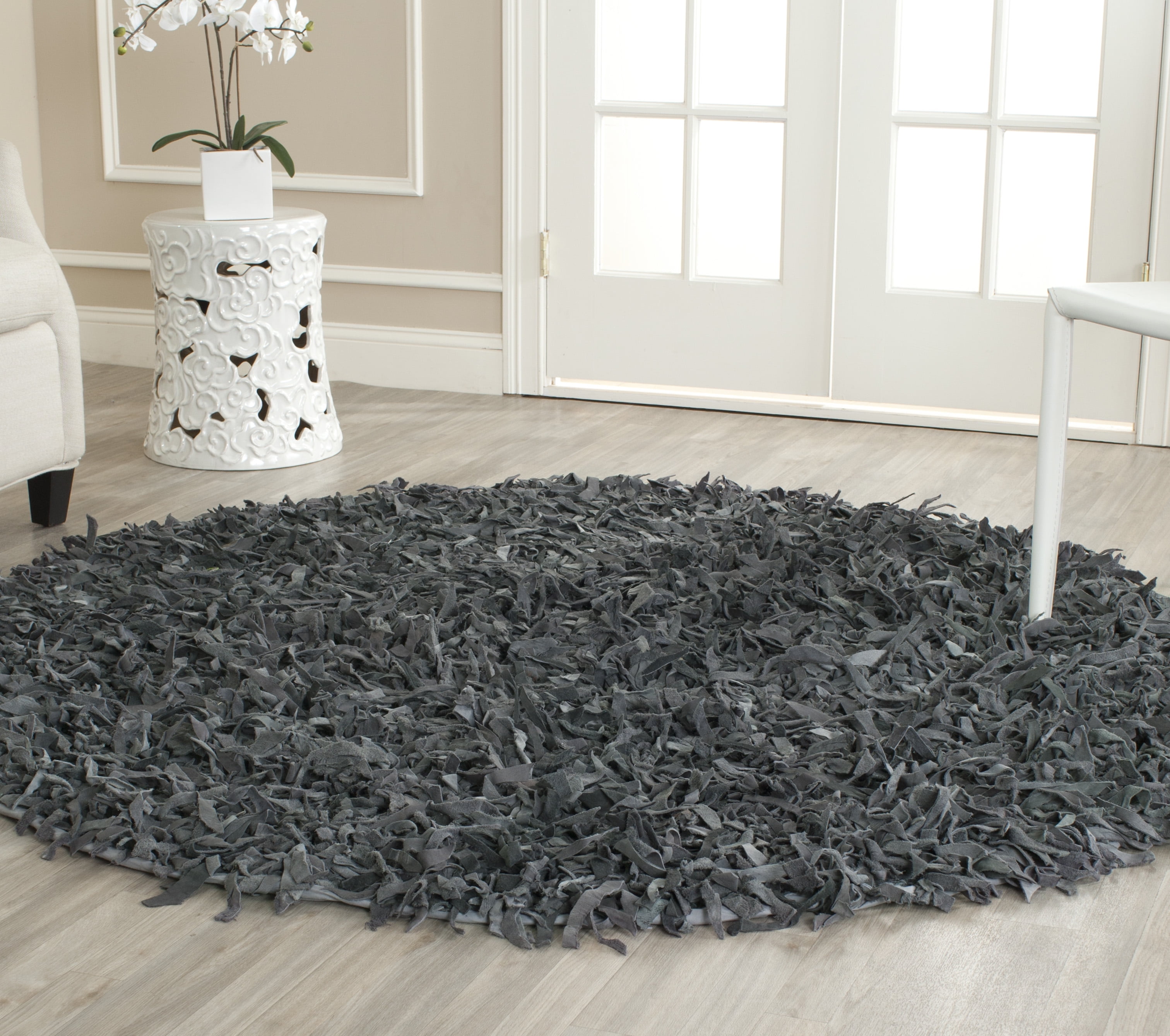 Gray Round Handmade Leather Shag Area Rug